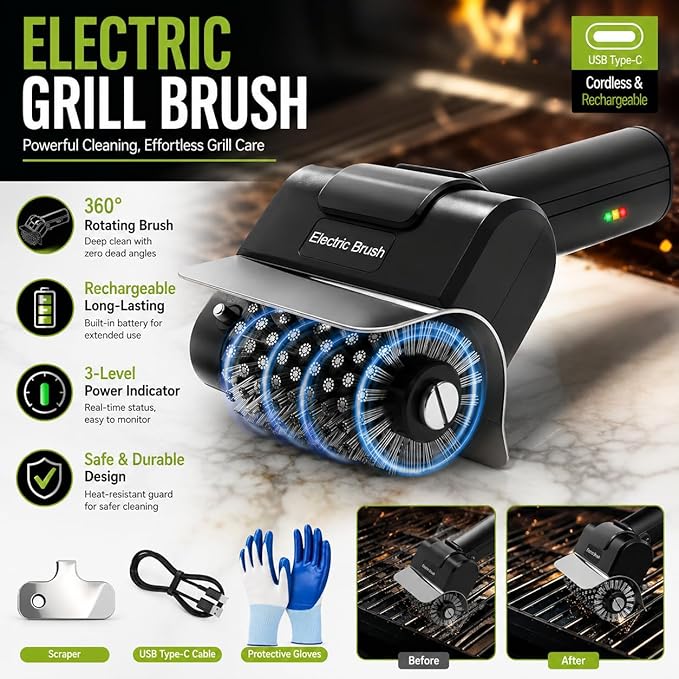 Electric Grill Brush, Rechargeable USB C Electric Grill Cleaner with Dual Safety Lock 600 RPM, 2000mAh, 2H Runtime, Automatic Barbecue Grate Cleaner Tool for All Grills, BBQ for Men Dad and Women