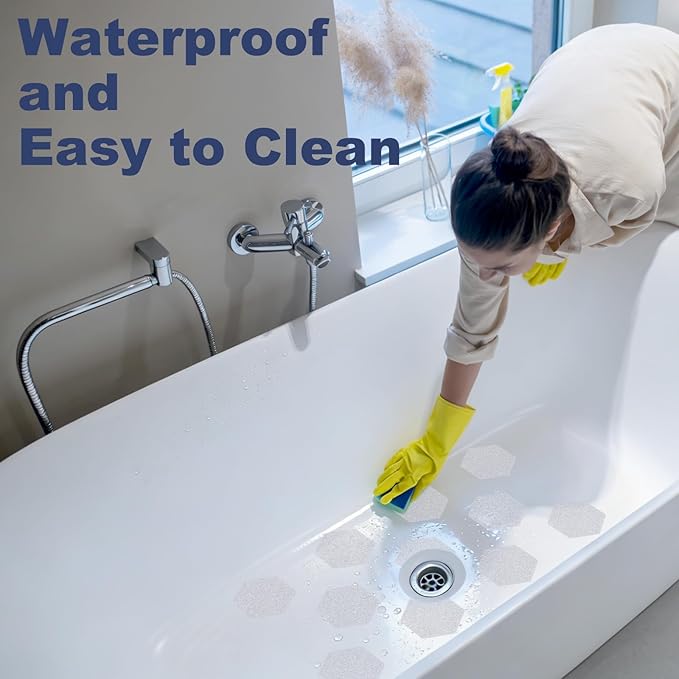28 PCS Shower Floor Non Slip Stickers with Strong Adhesive, Invisible & Durable Anti Slip Shower Stickers with Scraper for Bath Tub, Pools and Stairs(Clear,Hexagon)