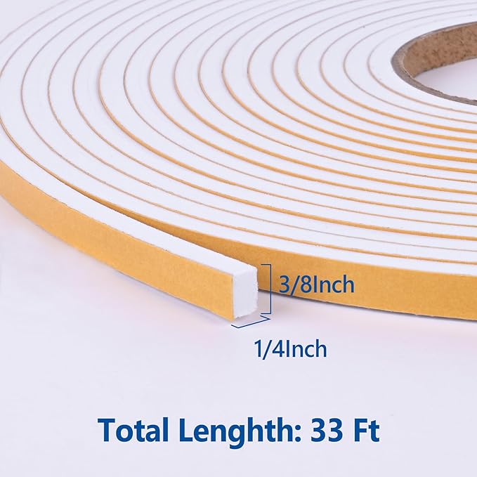 Kikerike Self Adhesive Foam Tape Weatherstrip 3/8in x 1/4in x 33Ft High Density Foam Insulation Strips Seal Weather Stripping with Strong Adhesive for Door and Window Sound Isolation Soundproofing