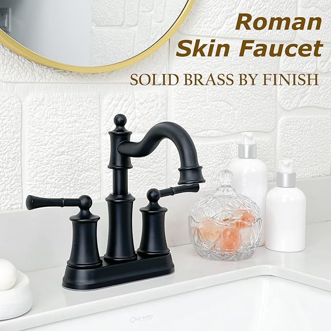 Roman Bathroom Sink Faucet Deck Mount or Wall Mount Installation Pop-up Drain Assembly with Overflow Deck Plate and Water Supply Lines Included (2 Hole Deck Mount, Matte Black)