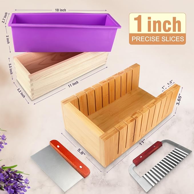 Walfos Soap Mold for soap Making, Soap Making kit - 42 oz Silicone Loaf soap Mold Set with Rectangular Wood Box & Bamboo Cutter Measuring Box, 2 Scraper for Soaps Making