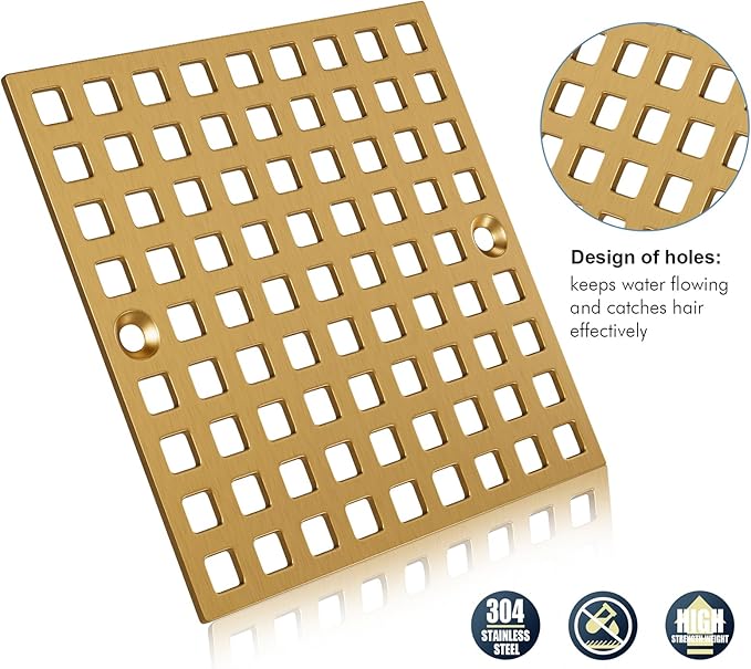 3-7/8" Champagne Bronze Shower Drain Cover - Square Floor Drain Cover Replacement - Hair Catcher/Drain Strainer for Bathrooms, Showers, and Sinks - SUS304 Stainless Steel & CUPC Certified