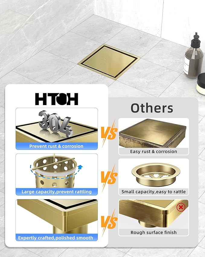 6 Inch Gold Shower Drain, Modern 2-in-1 Tiled Shower Drain - 304 Stainless Steel Square Shower Floor Drain for Bathroom, Brushed Gold Drain Shower with Tile Insert Grate Removable, Hair Strainer