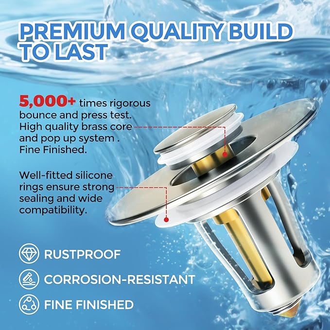 zaa Bathroom Sink Stopper - 2Pack Bathroom Sink Drain Strainer,Pop Up Bathroom Drain Stopper with Anti-Clogging Filter Basket,for 1.05~1.65 in U.S.Standard Basin Drain Holes,Brushed Nickel