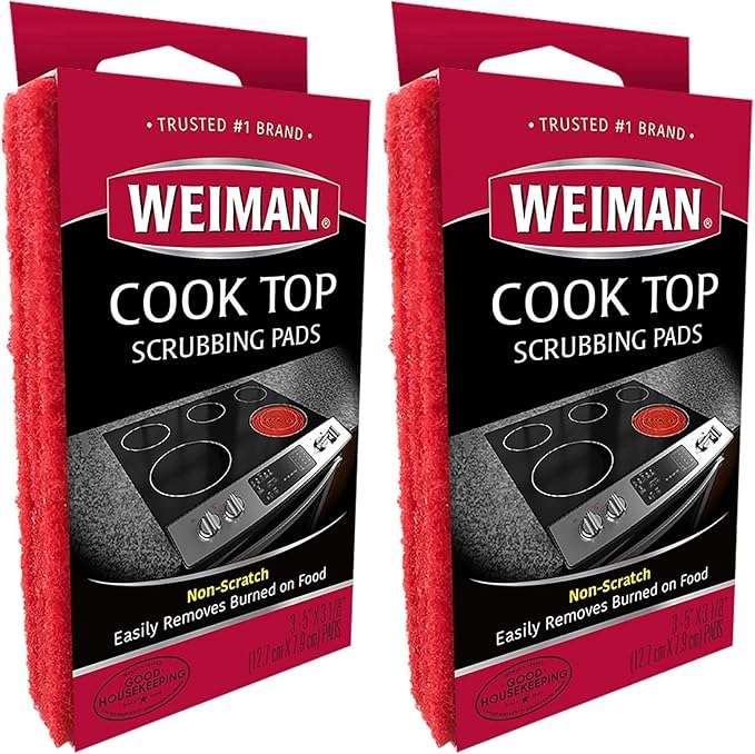 Weiman Cook Top Scrubbing Pads – Gently Clean and Remove Burned-on Food from All Smooth Top and Glass Cooktop Ranges, 3 reusable pads (Pack of 2)