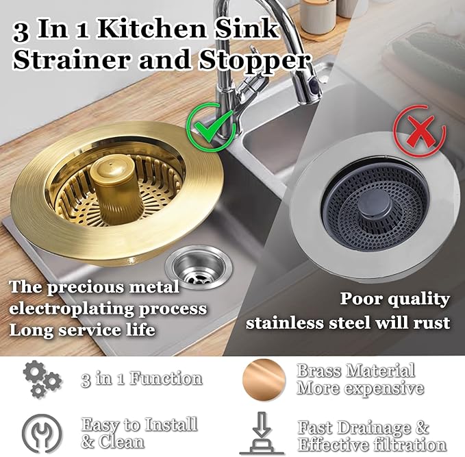 Kitchen Sink Drain Strainer, 3 in 1 Pop up Kitchen Sink Stopper, with an Extra Basket Strainer, for US Standard 3-1/2 Inch Drain, Copper Material, Brushed Gold