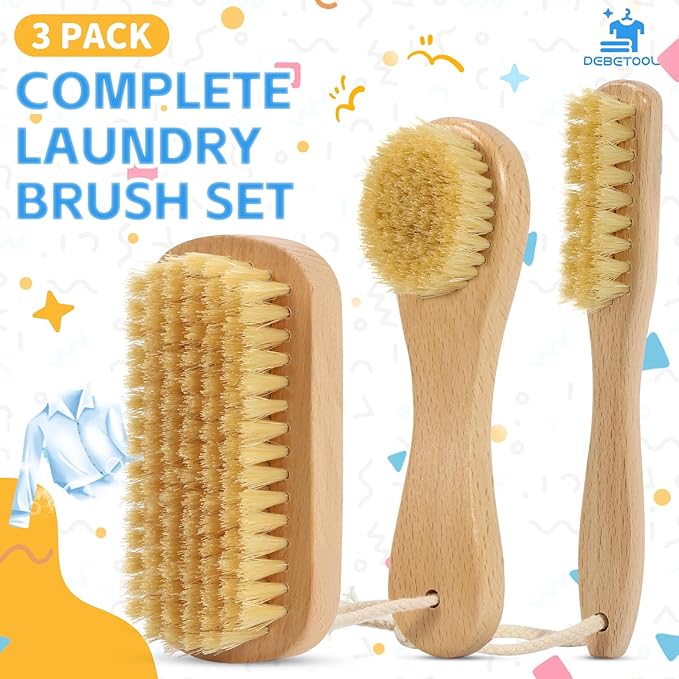 3-Piece Wooden Laundry Brush for Stains on Clothes - Gentle Boar Bristle Laundry Scrub Brush Stain Remover for Delicate and Everyday Fabrics