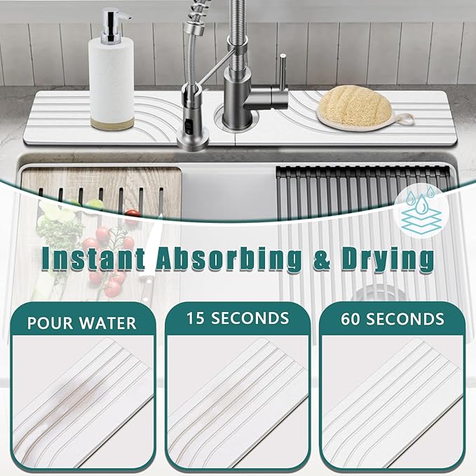 Kitchen Sink Diatomite Splash Guard - Fast-Drying Anti-Slip Diatomite Sink Protector, Stone Absorption Tray for Bathroom Countertops (White, 23.6" x 3.9" x 0.4")