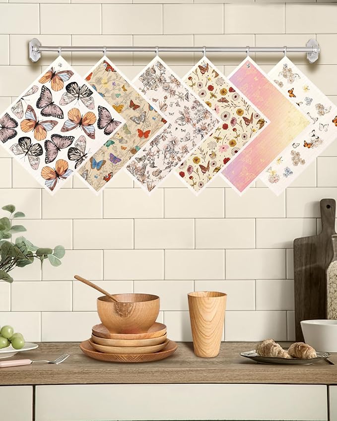 Miss Adola Kitchen Swedish Dishcloths with Hooks - 6 Pack Reusable Dish Cloths for Washing Dishes Fast Drying Cute Fun Swedish Dish Towels Washable Cleaning Sponge, Plant Butterfly
