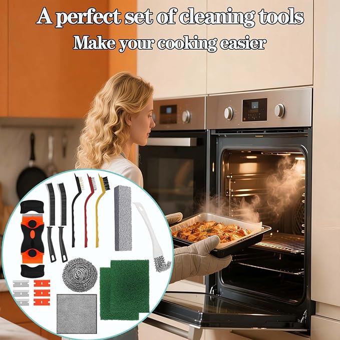 Heavy Duty Oven Cleaner Tools, 12 Pcs Oven Cleaning Accessories, Oven Cleaning Kit with Crevice Cleaning Brush, Razor Blade Scraper, Steel Wool Scrubber, Scrub Sponges, Pumice Stone, Cleaning Rags