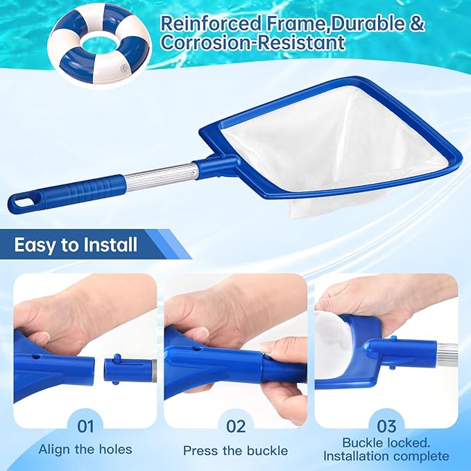 Pool Net, Professional Swimming Pool & Hot Tub Skimmer Net Accessories, Heavy Duty Pool Leaf Rake Cleaning Tool with Pole, Fine Nylon Mesh Bag Easy to Clean Bugs, Debris, Leaves (Blue&White