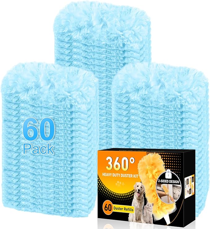 60 Count Heavy Duty Duster Refills for Swiffer, Multisurface 360° Larger Size Dusters with 4X Cleaning Power, Disposable Dusters for Pet, Cleaning Home, Blinds, Fans, Corners (60 pcs-Blue)