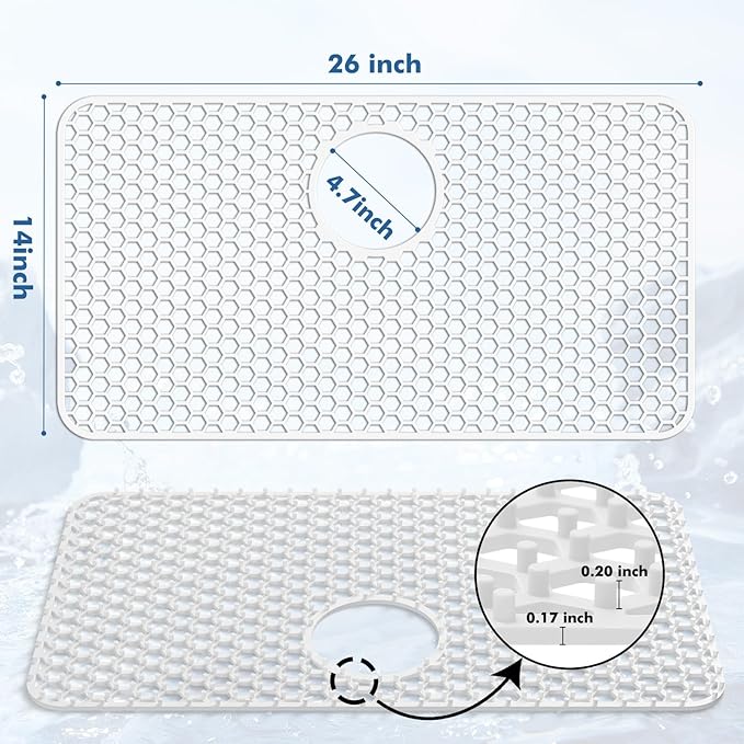 Silicone Sink Protectors for Kitchen Sink - 26"x 14" Kitchen Protector Accessory, Non-Slip Heat Resistan Mat for Bottom of Farmhouse Stainless Steel Porcelain (Rear Drain Hole,White)