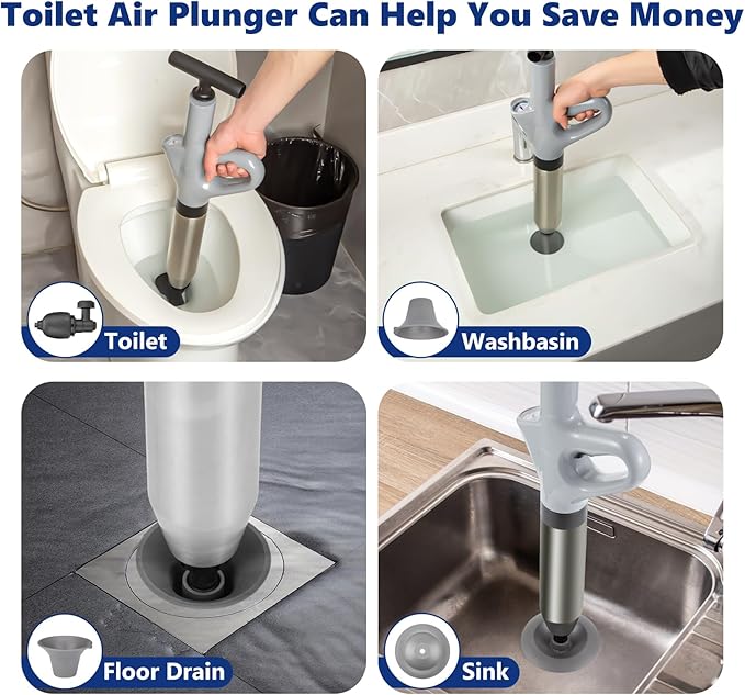 Toilet Plunge Blaster, High Pressure Toilet Plunger, High-Pressure Air Drain Blaster Plunge Blaster Multi-drain Unclogger for Toilets, Bathroom Floor, Drain Sinks and Plumbing Clogs.