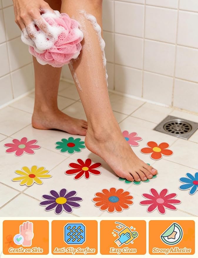 26Pcs Non Slip Bathtub Stickers, Colorful Flower Stickers with Scraper, Anti Slip Bath Tub Shower Decal with Adhesive Back for Bathroom, Shower Stairs