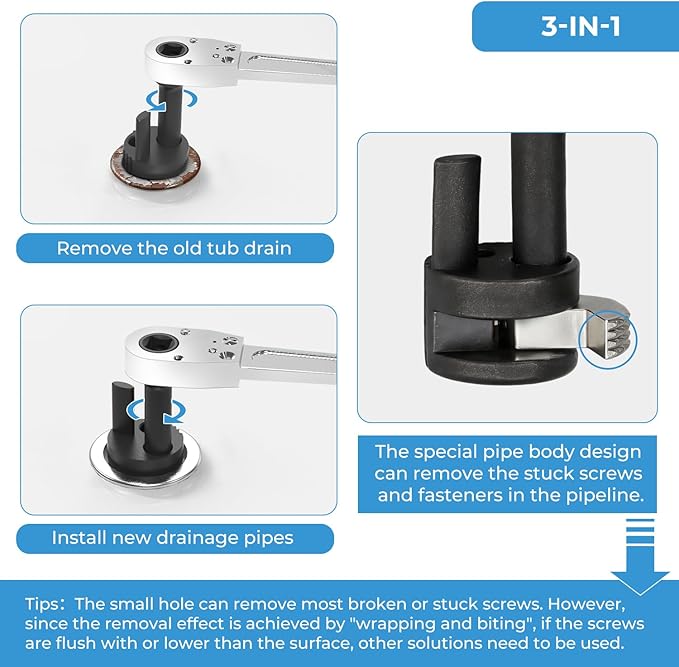 Tub drain removal tool, Remove the damaged, corroded or rusted drainage extractor, applicable to 3/8-inch ratchet wrench - sliver