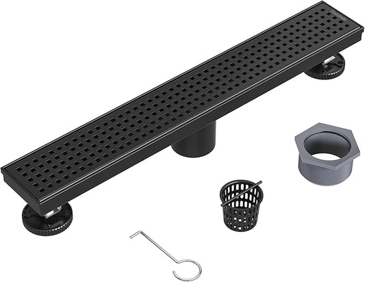 Neodrain 18-Inch Black Linear Shower Drain with Removable Quadrato Pattern Grate,Professional 304 Stainless Steel Rectangle Shower Floor Drain Manufacturer,Leveling Feet,Hair Strainer,Matte Black