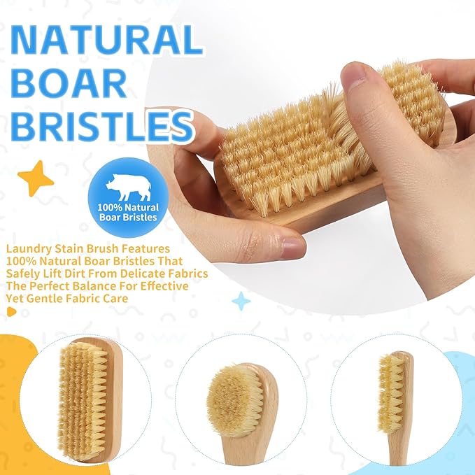 3-Piece Wooden Laundry Brush for Stains on Clothes - Gentle Boar Bristle Laundry Scrub Brush Stain Remover for Delicate and Everyday Fabrics