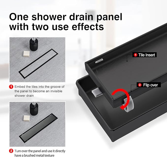 SaniteModar Linear Shower Drain, Black Shower Drain 12 inch with Flat & Tile Insert 2 in 1 Panel, Black Shower Floor Drain with Hair Strainer and Leveling feet