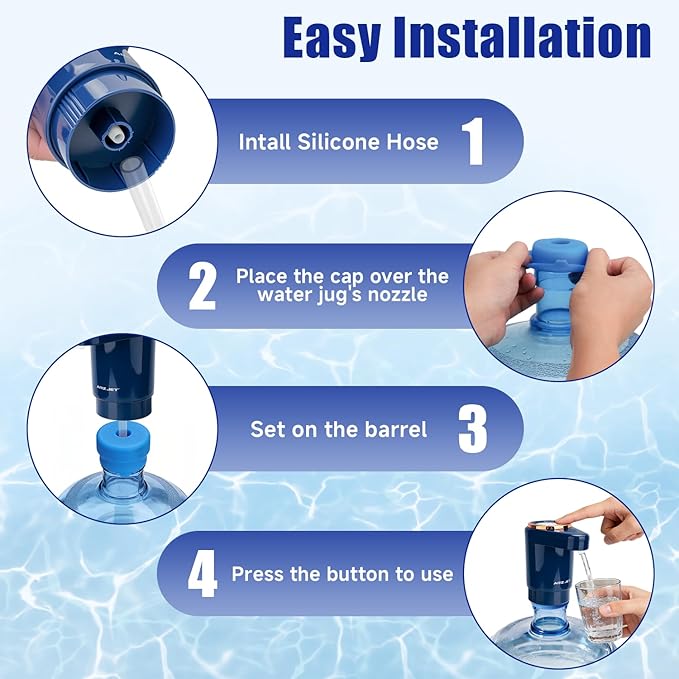 Dual Pump Water Dispenser for 5 Gallon Bottle, Electric Water Bottle Pump with Water Jug Cap, Powerful Flow, USB Rechargeable Automatic for Home, Office, Camping-Blue