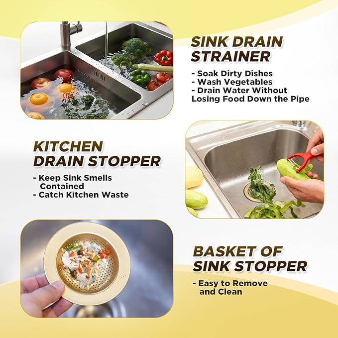 4 Pcs Light Gold Kitchen Sink Accessories Garbage Disposal Splash Guards 3.4'' Sink Drain Strainer and Stopper Stainless Steel Garbage Disposal Plug for Kitchen Drain Strainer