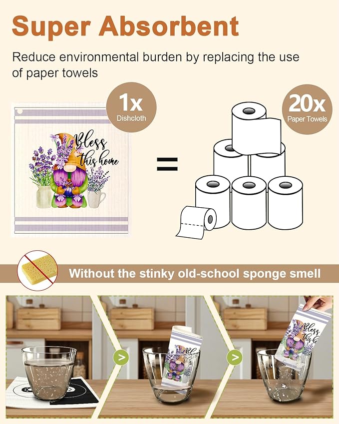 Miss Adola Kitchen Swedish Dishcloths with Hooks - 6 Pack Reusable Dish Cloths for Washing Dishes Fast Drying Cute Fun Swedish Dish Towels Washable Cleaning Sponge, Bicycle Lavender