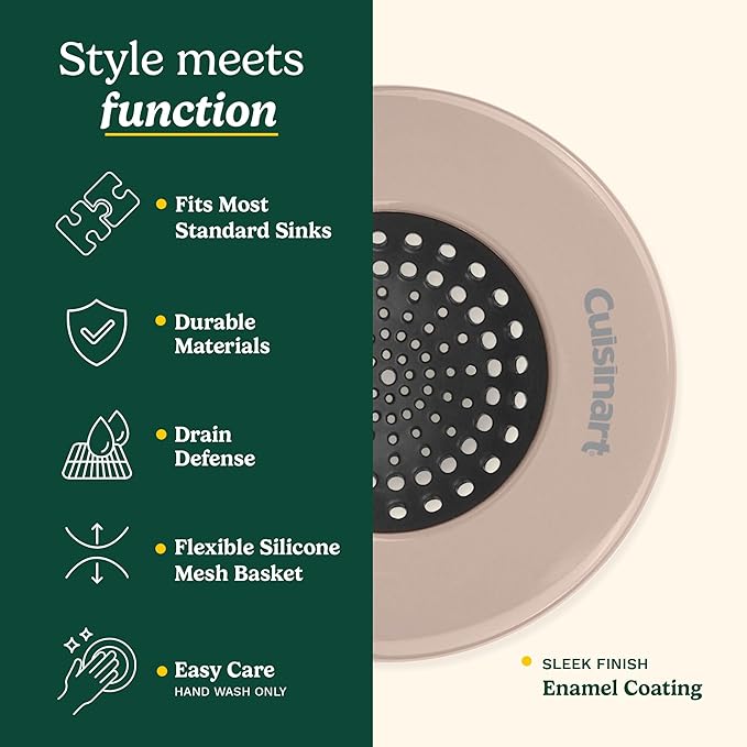 Cuisinart Sink Strainers- 2 Pack Kitchen Sink Drain Strainer & Food Catcher with Enamel-Coated Stainless Steel Rim and Silicone Base, Fits Standard 3.5" Drains, Outer Diameter 4.35", Scratch-Safe