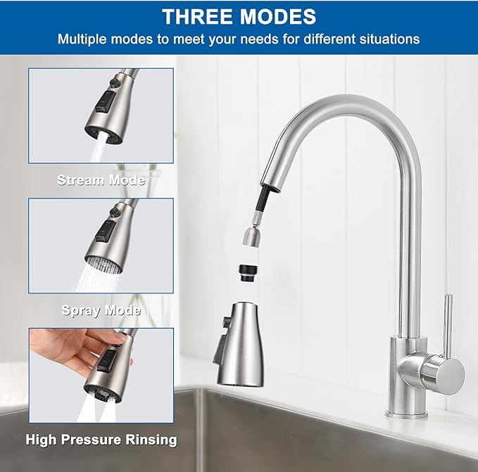 Kitchen Faucet Head Replacement, Premium 3 Function Pull Down Spray Head with 9 Adapters, Kitchen Sink Faucet Head Compatible with American Standard, Moen/Delta Faucets, Brushed Nickel