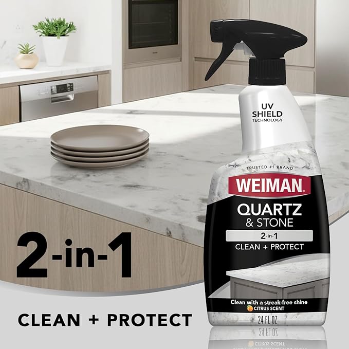 Weiman Quartz Countertop Cleaner and Polish - Clean and Shine Your Countertops Islands and Stone Surfaces with UV Protection, 24 Ounce with MicroFiber Towel, 2 Pack
