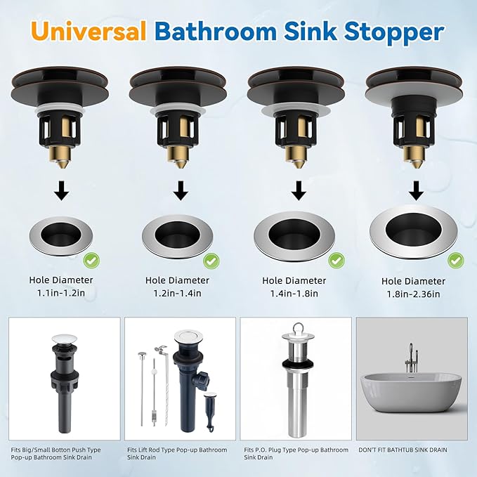 Universal Bathroom Sink Stopper, Metal Pop Up Sink Drain Strainer with Hair Catcher, Fit 1.1"-2.36" US Basin, Wash Basin Drain Plug, Big/Small Cover Cap, Brass Bounce Core, Oil Rubbed Bronze