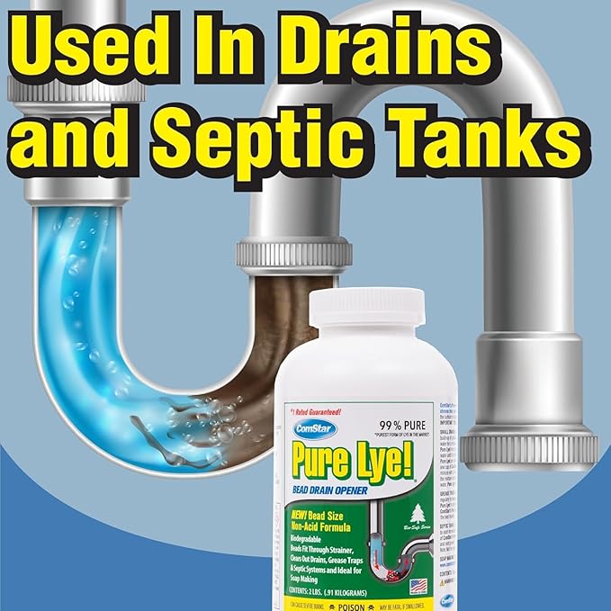 ComStar Pure Lye, 2 lb, Unique Sodium Hydroxide Beads | Drain Opener & Soap Making | Biodegradable, Eco-Friendly (Pack of 12)