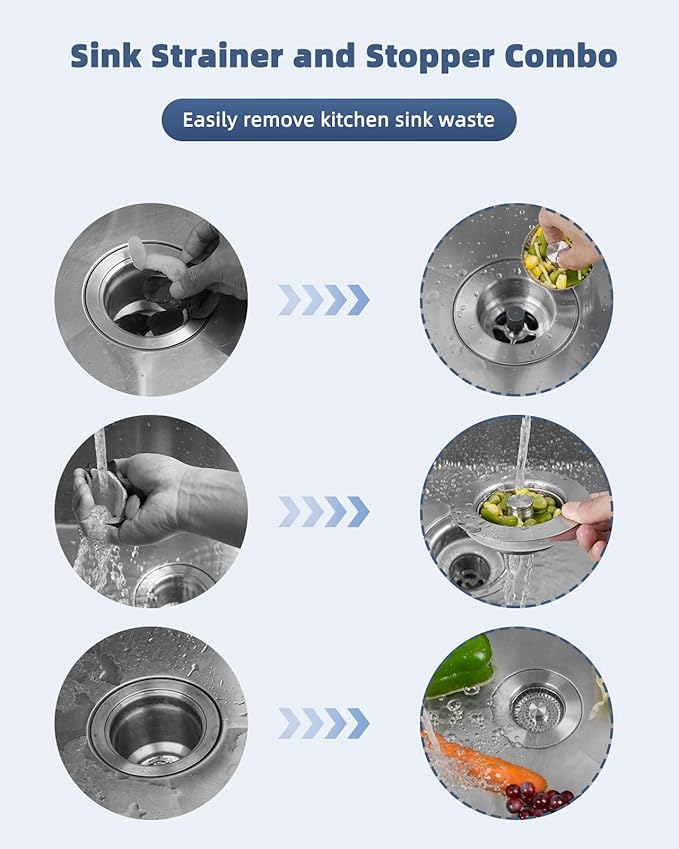 Hygie Rinse 3-in-1 Kitchen Sink Strainer Stopper Combo All Metal Stainless Pop Up Sink Drain Strainer with Handle Rod for US Standard 3-1/2 inch Drain Filter, Anti-Clog
