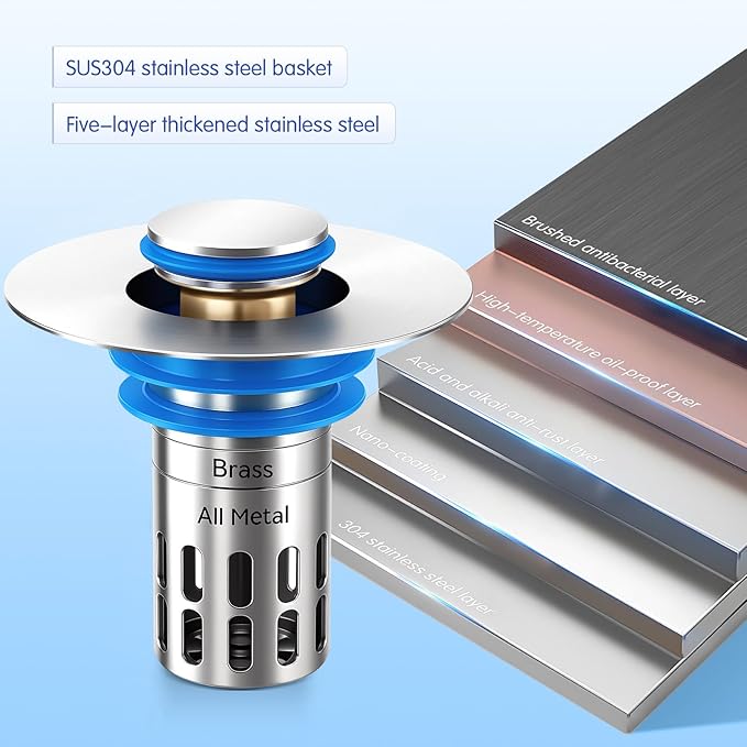 (All Metallic) Bathroom Sink Plug, Pop-up Drain for Bathroom Sink, Sink Plug Hair Collector, Silent Popper Core with Removable Stainless Steel Filter Basket (Silver Polished, 2 Pack)