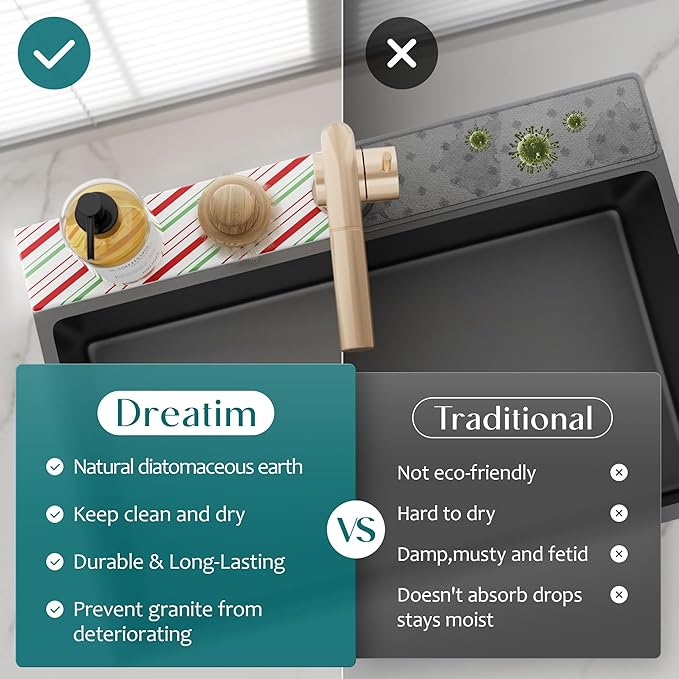 Stone Faucet Mat for Kitchen Sink, Diatomite Drying Stone Mat for Kitchen Counter, Prevent Moisture – Sink Splash Guard for Holiday Gift Home Decor (Red/Green, 15.7''x3.9'')