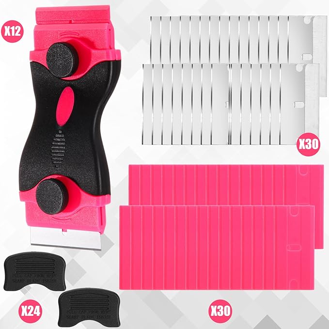 WILLBOND 72 Pcs Double Razor Blade Scraper Tool Set 12 Pcs 2 in 1 Razor Scraper Remover 60 Pcs Metal and Plastic Blades for Decal, Sticker, Label, Caulk Adhesive, Paint Stovetop, Subfloor (Pink)