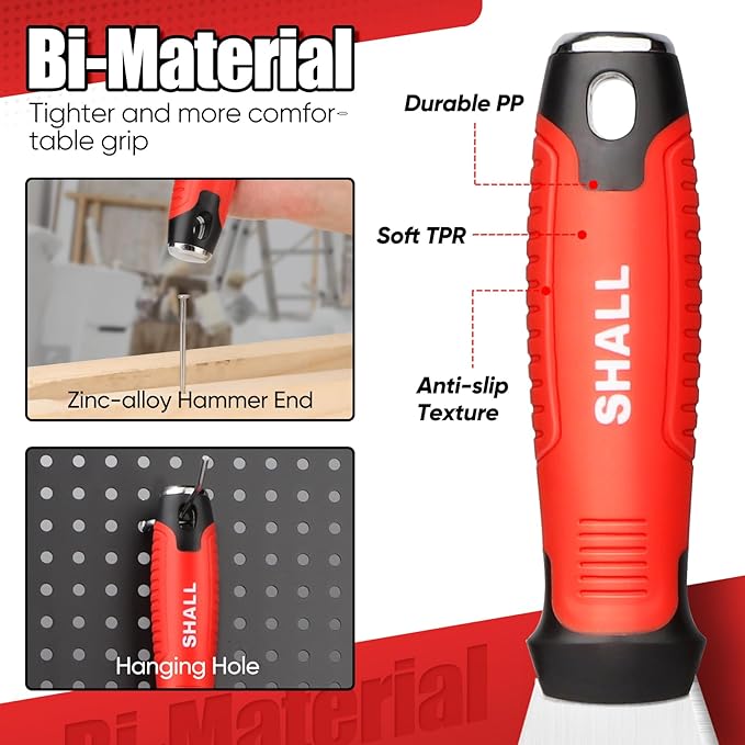 SHALL 8-In-1 Paint Scraper, Stainless Steel Paint Remover Scraper Tool, Putty Knife with Hammer End and Comfort Handle, Metal Spackle Scraper for Removing Drywall Paint, Caulk, Wood, Wallpaper