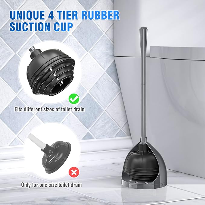 uptronic Toilet Plunger with Holder, Unique Plunger with All-Angle Design, Plungers for Bathroom with Holder, Heavy Duty Toilet Plunger for 5.7-inch Toilet Drain Bathroom Cleaning