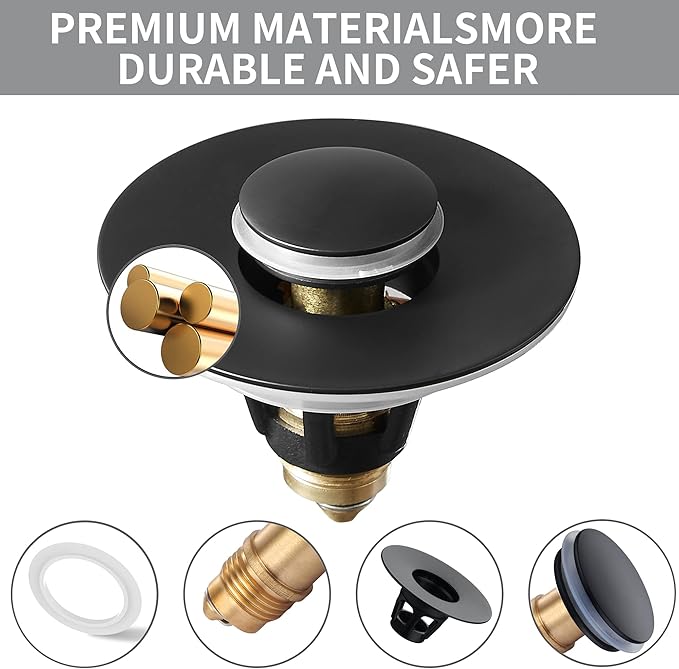 Fransiton Bathroom Sink Stopper, 1.1-1.77 Inch Basin Pop Up Black Sink Drain Stopper, Anti Clogging Drain Plug with Detachable Hair Catcher