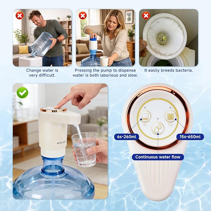 Dual Pump Water Dispenser for 5 Gallon Bottle, Electric Water Bottle Pump with Water Jug Cap, Powerful Flow, USB Rechargeable Automatic for Home, Office, Camping-Beige