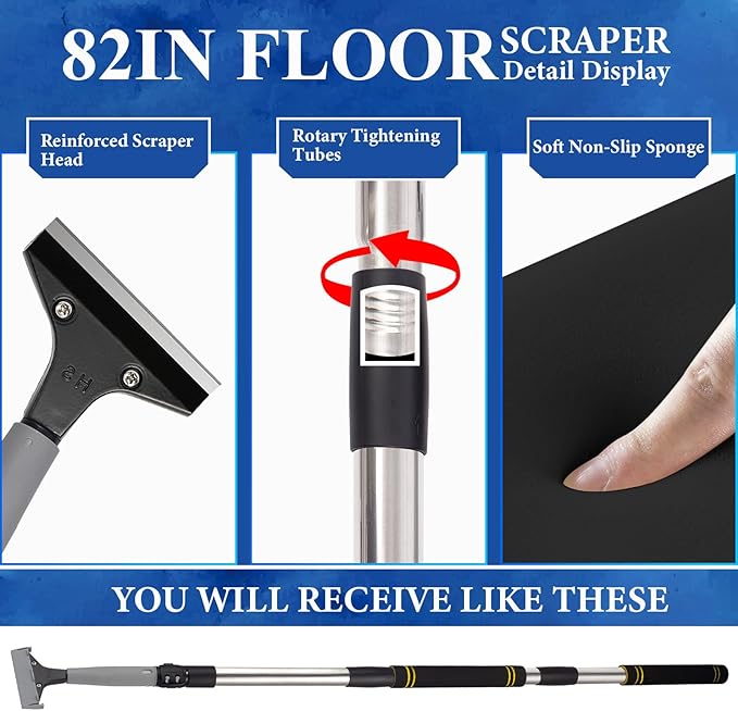 4"Razor Blade Floor Scraper with Long Handle,61in Adjustable Floor Scraper Heavy Duty with 10PCS Extra Metal Blades Paint Scraper for Cleaning Stickers Gum Glass Wall Tile (Retractable 82in)