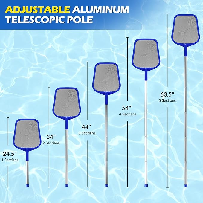Pool Skimmer - Pool Skimmer Net with 5 Section Adjustable Telescopic Aluminum Pole, 23''- 60'', Pool Net Skimmer Rake with Ultra Fine Mesh , Pool Leaf Skimmer for Swimming Pools, Spas, Hot Tubs