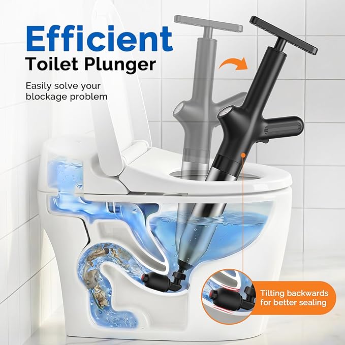 HAMITOR Toilet Plunger Drain Clog Remover: High Pressure Air Plunger & Heavy Duty Toilet Snake with Barometer for Sink, Drain Clogs - Unclogging Tool for Failed Traditional Plungers, Black
