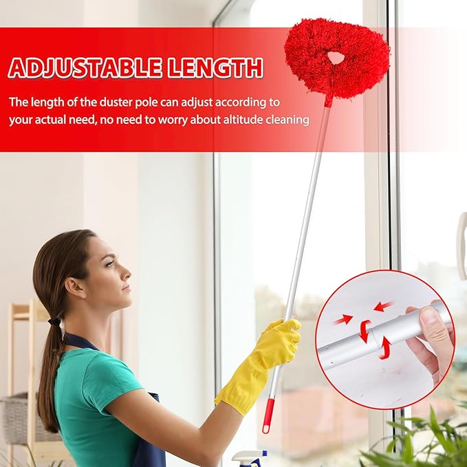 Ceiling Fan Cleaner Duster High Ceiling Extended Fan Blade Cleaner from 13 to 50 Inch Reusable Microfiber Ceiling Fan Duster with Extension Handle for Furniture Bookshelves Wall Door (Red)