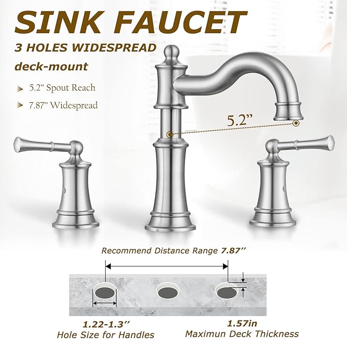 Roman Bathroom Sink Faucet Deck Mount or Wall Mount Installation Pop-up Drain Assembly with Overflow Deck Plate and Water Supply Lines Included (3 Hole Deck Mount, Brushed Nickel)