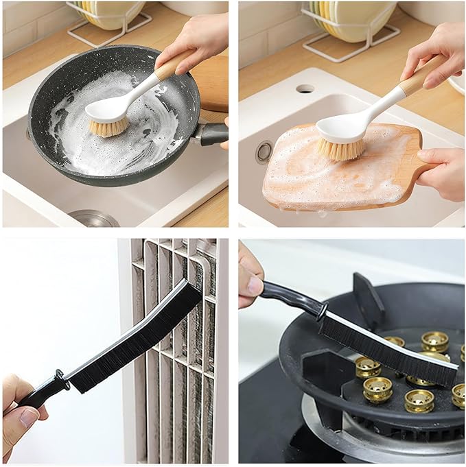 Kitchen Brush Set for Cleaning Dish, Pot, Pan, Sink and Stove, 4 Pcs 3 Kind of Different Scrubber Include 2 Pcs Crevice Brush, Great Cleaning Tools for Cook