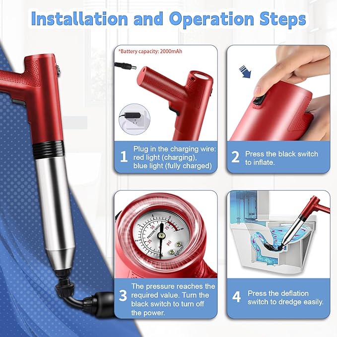 Electric Toilet Plunger with Real-time Barometer, Unclog in 1 Shot, High Pressure Toilet Plunger Drain Clog Remover Perfect for Bathroom, Floor, Shower, Kitchen Clogged (Red-Electric)