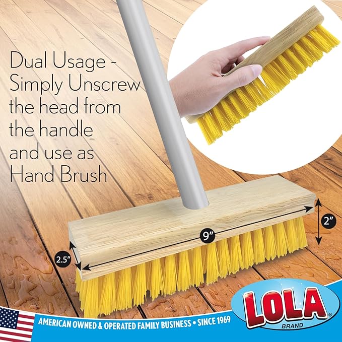 LOLA Deck Scrub Brush with Stiff Bristles, Heavy Duty Outdoor Scrub Broom for Patios, Decks, Concrete & Tile, Removes Dirt, Grime, Leaves & Snow, Wet or Dry Use, 1 Count