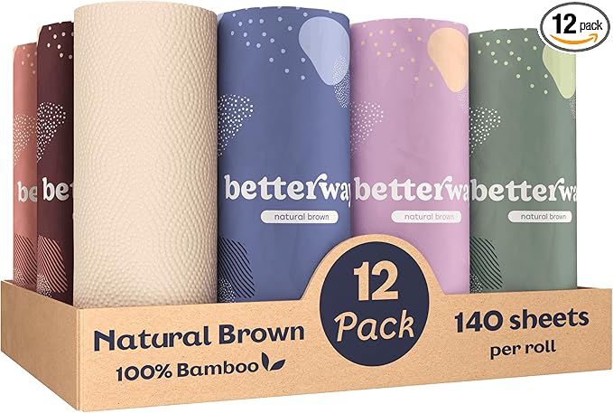Betterway Bamboo Paper Towels 12 Pack - Unbleached, Non Toxic, PFAS Free - 140 Sheets/Roll, 2-Ply, No Plastic, No Dyes, Eco Friendly, Compostable, Sustainable, FSC Certified, Natural Brown