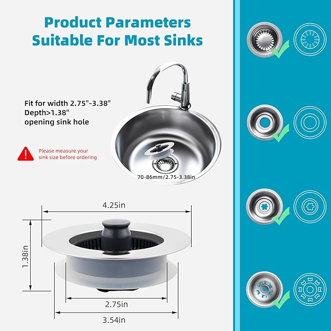 Hibbent Universal 3 in 1 Metal Kitchen Sink Drain Strainer, Upgraded Stainless Steel Drain Stopper Combo, Pop Up Sink Stopper, 3 Anti-Clogging Basket Strainers with Handle for US Standard 3-1/2" Drain