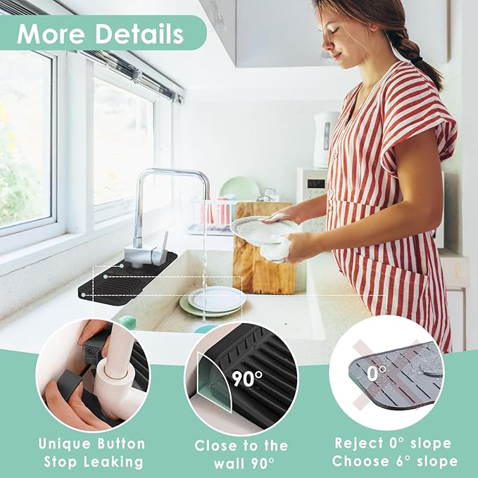17.7 Inch Silicone Faucet Mat for Kitchen Sink Splash Guard - 7° Slope Water Draining Mat with Fasten Button for Bathroom Area (Black, 17.7''x5.5'')